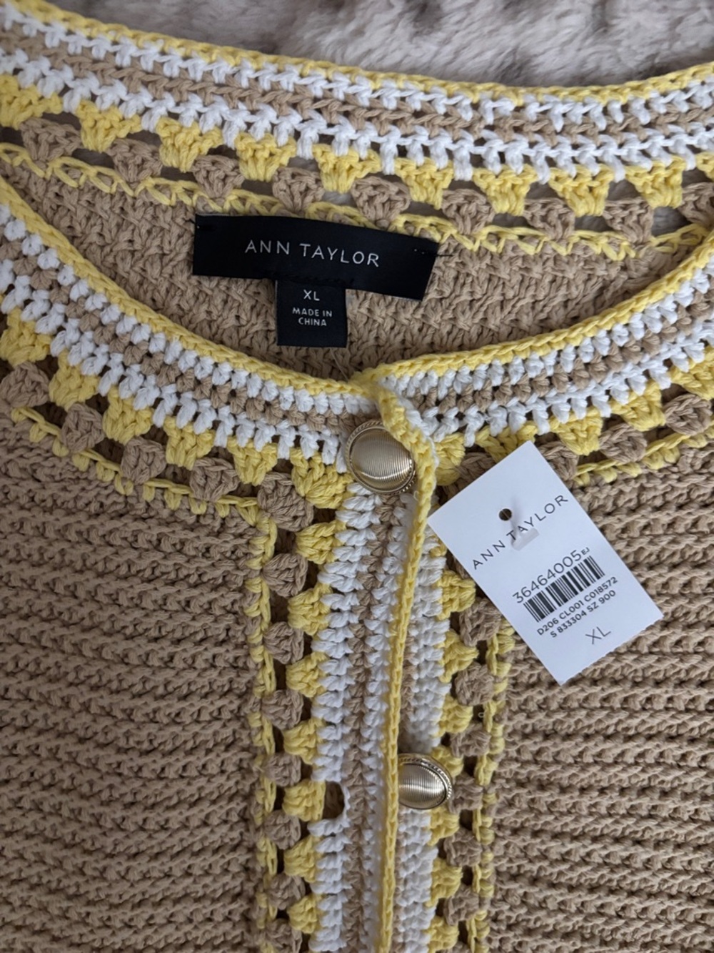 Ann Taylor Beige Crocheted Trim Cardigan with White and Yellow Accents - NWT - Picture 2 of 7